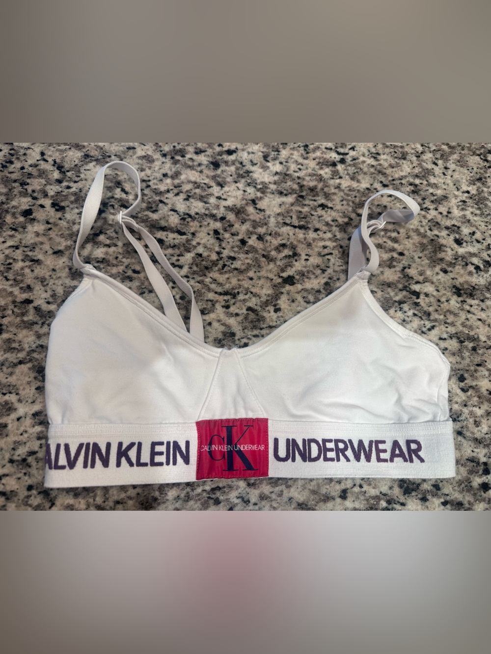 Calvin Klein White Bralette with Purple Logo Band and Red Square